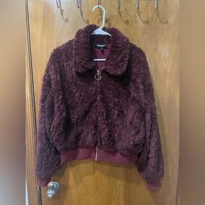 Burgundy Fur Bomber Coat